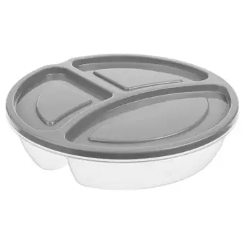 Tas ushqimi plastike e rrumbullakët me 3 ndarje, kapak gri 1.1L