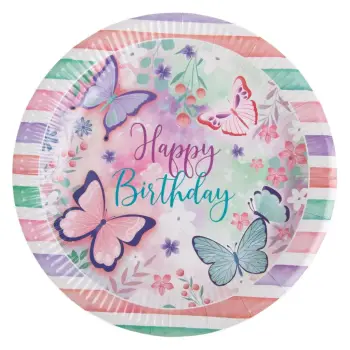 Pjata kartoni të bardha, rozë mente, me vija, flutura "Happy Birthday" Ø23cm - 12 copë