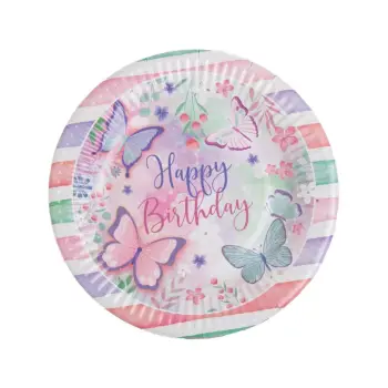 Pjata kartoni të bardha, rozë mente, me vija, flutura "Happy Birthday" Ø18cm - 12 copë