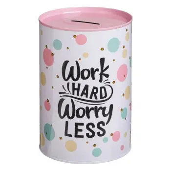 Arkë kursimi metalike e bardhë me pika "Work Hard Worry Less" Ø10x15cm