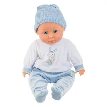 Kukull bebe me ngjyrë bojëqielli, kostum me dizajn lepuri, 36 cm