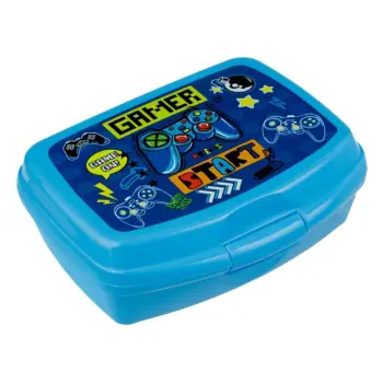 Tas ushqimi plastike blu për fëmijë, dizajn gamer, me ndarje dhe aksesorë - 550ml