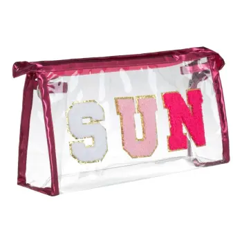 Çantë tualeti transparente me zbukurim metalik ngjyrë çiklaminë dhe shkrim "Sun" 23x8.5x13cm