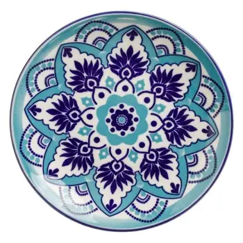 Pjatë ëmbëlsire prej porcelani e bardhë me dizajn tribal ngjyrë blu Ø15cm