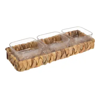 Tabaka servirje kashte me thurje me 3 pjesë dhe tasa qelqi 33x12x4.5cm