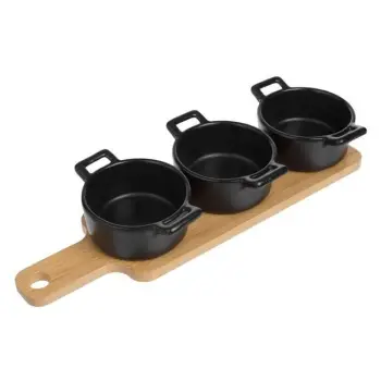 Tabaka servirjeje prej bambuje me 3 tasa qeramike të zeza 28x8x5cm