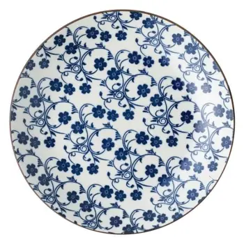 Pjatë porcelani e cekët e bardhë dhe lule blu Ø19cm