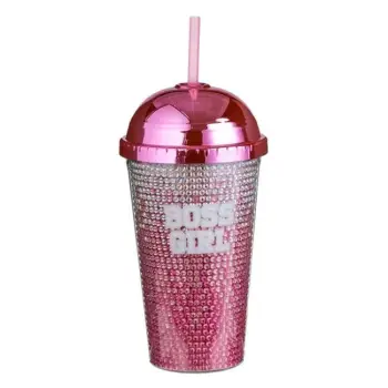 Gotë plastike me kapak dhe pipë, ngjyrë çiklaminë, me gurë "Boss Girl" 475ml
