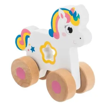 Lodër druri Unicorn i bardhë rozë me 4 rrota 12x5x12cm
