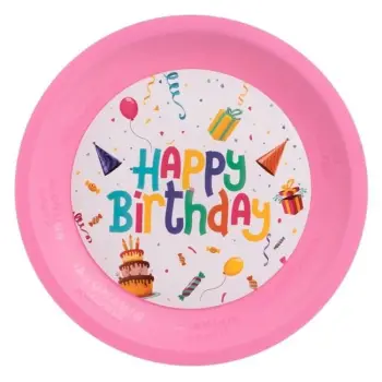 Pjatë plastike e ripërdorshme rozë "Happy Birthday" Ø21cm