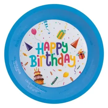 Pjatë plastike e ripërdorshme blu "Happy Birthday" Ø21cm