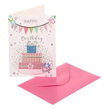 Kartolinë urimi për ditëlindje e bardhë, dhuratë me tortë "Happy Birthday" 7.5x10.5cm &amp; zarf