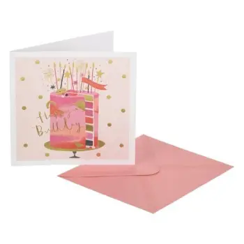 Kartolinë urimi për ditëlindje, rozë e bardhë, me tortë "Happy Birthday" 15x15cm dhe zarf