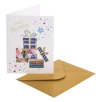 Kartolinë urimi për ditëlindje e bardhë me yje dhe dhurata "Happy Birthday" 7.5x10.5cm dhe zarf