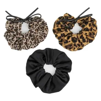 Scrunch flokësh saten leopard të zeza me fjongo - 3 copë