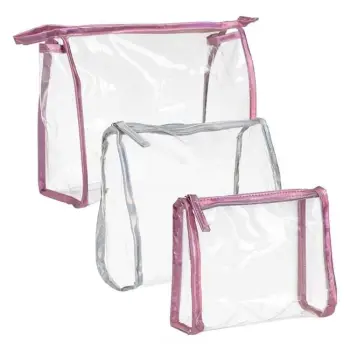 Set me çanta kozmetike rozë dhe silver transparente 26.5x9x20cm - 3 copë