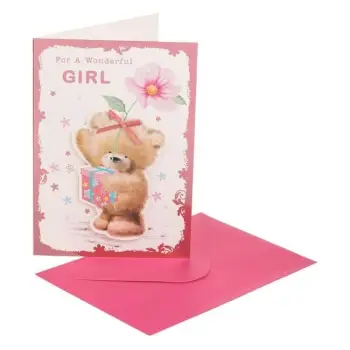Kartolinë urimi për ditëlindje me arush "For a Wonderful Girl" 13x19cm dhe zarf