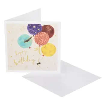 Kartolinë urimi për ditëlindje, me tullumbace shumëngjyrëshe "Happy Birthday" 15x15cm dhe Zarf