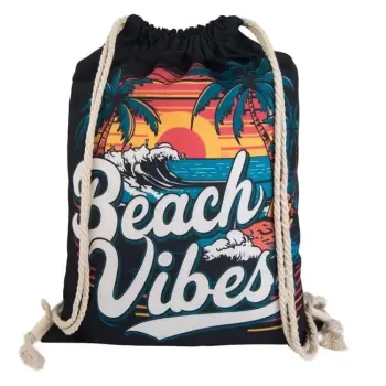 Çantë shpine e zezë me dizajn plazh me dallgë "Beach Vibes" 33.5x44cm