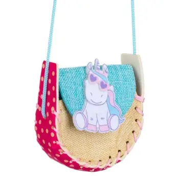 Çantë kashte ngjyrë bezhë, rozë me pika me Unicorn bojëqielli me syze 11x5x11cm