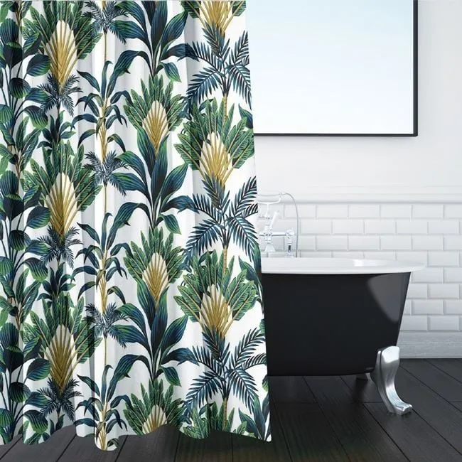 Perde dushi e bardhë me gjethe tropikale e verdhë jeshile 180x180cm - 1