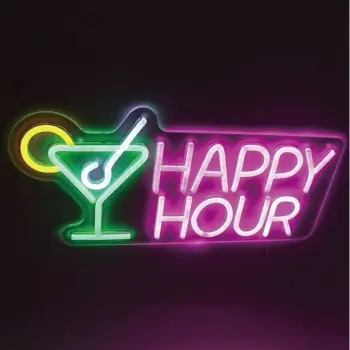 Panel LED me kokteil, ngjyra rozë, jeshile, e bardhë dhe e verdhë, neon "Happy Hour" 43x21cm