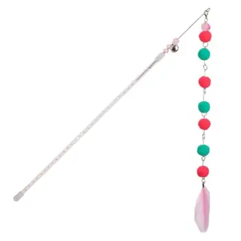 Shkop lodër për mace me zile pom-pom me ngjyra dhe pendë rozë 39 cm