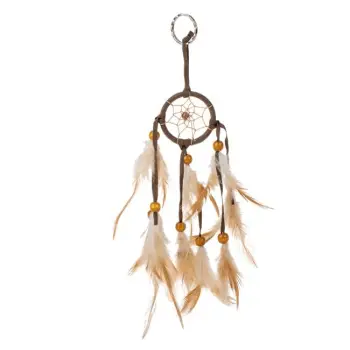Dream catcher dekorativ në ngjyrë kafe, me pendë me dy nuanca dhe perla druri, 5x23 cm