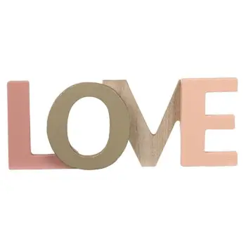 Dekorim tavoline, shkronja druri në ngjyrë ari dhe rozë, fjala "Love"