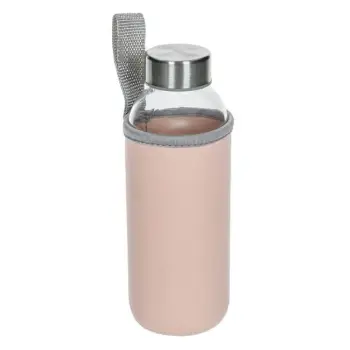 Shishe qelqi me këllëf prej pëlhure rozë dhe dorezë gri për stërvitje 380ml