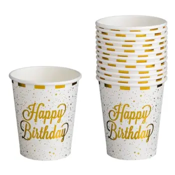Gota letre për festë të bardha me vija gold "Happy Birthday" 240ml - 12 copë