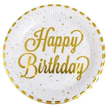 Pjata letre për festë të bardha me vija gold "Happy Birthday" 23cm - 12 copë