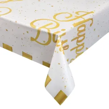 Mbulesë tavoline plastike e bardhë me vija gold "Happy Birthday" 180x120cm