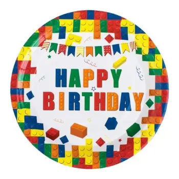 Pjata letre festive të bardha me lego shumëngjyrësh "Happy Birthday" 18cm - 10 copë