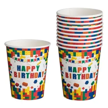 Gota letre festive të bardha me lego shumëngjyrësh "Happy Birthday" 240ml - 10 copë
