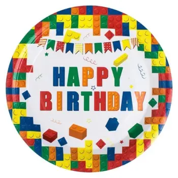 Pjata letre festive të bardha me lego shumëngjyrësh "Happy Birthday" 23cm - 10 copë