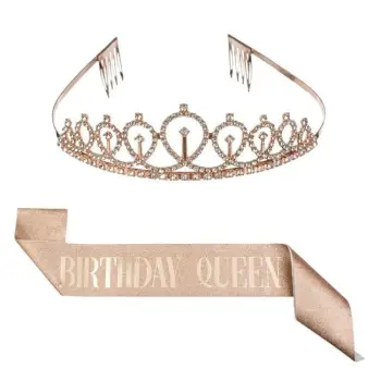 Set kurorë me diamant të rremë e shirit rozë-gold "Birthday queen" - 2 copë