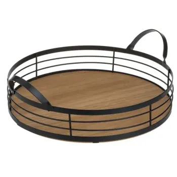 Tabaka servirje e rrumbullakët me doreza metalike prej druri bezhë e zezë 30x6cm