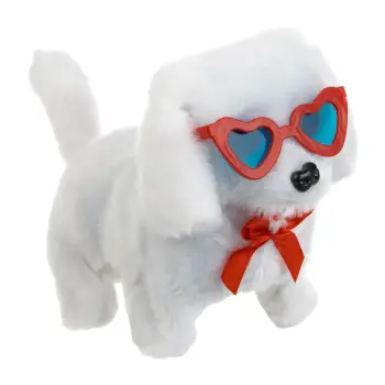 Qeni poodle i bardhë me një lidhëse të kuqe, syze zemre, lëvizje dhe zë 5cm.