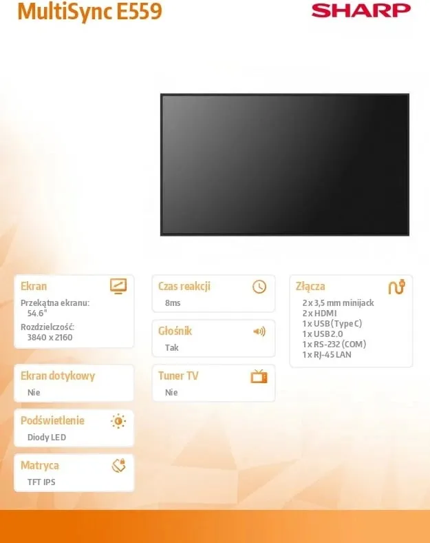 Ekran profesional Sharp MultiSync E559, 55", 4K Ultra HD, i zi - 3