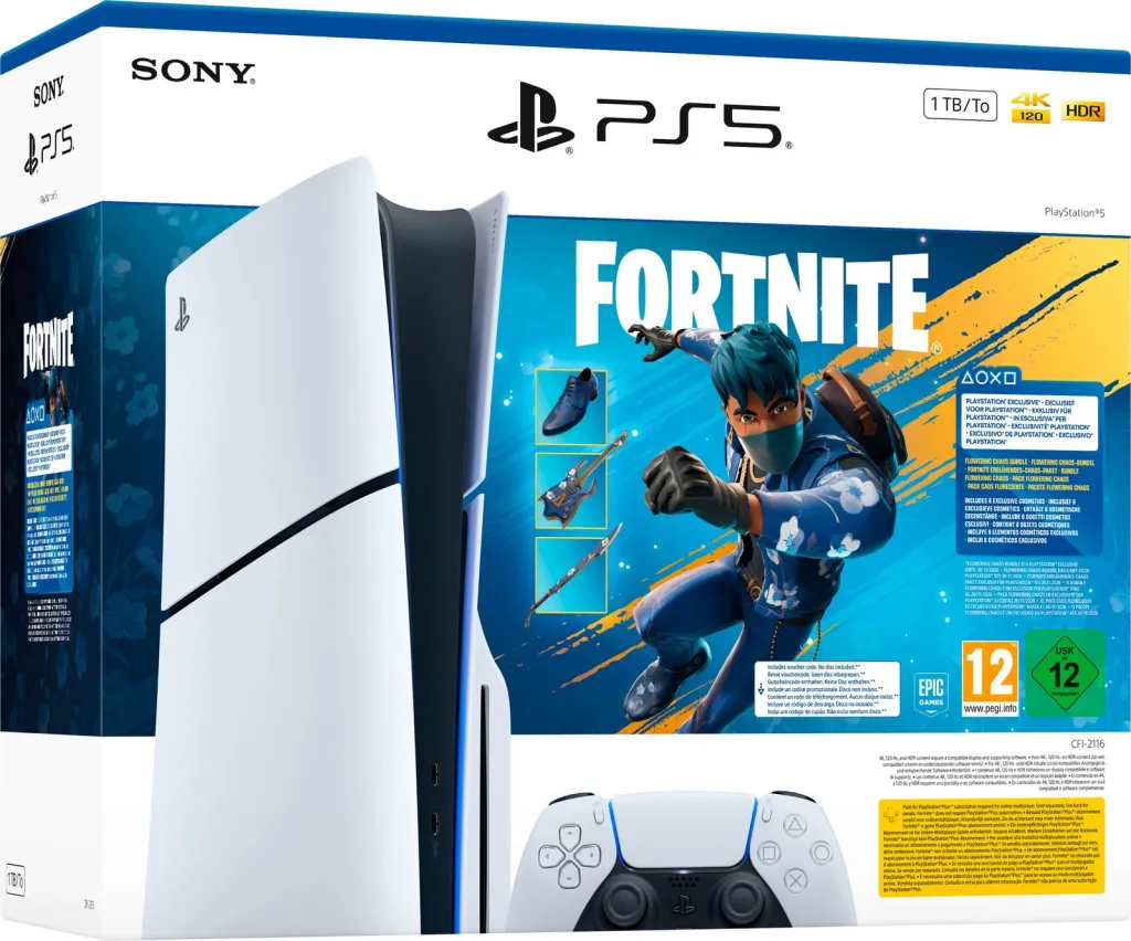 Konsolë PS5 Sony Standard Slim 1TB bardhë me Fortnite - 1