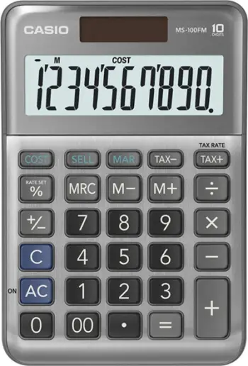 Kalkulator tavoline Casio MS-100FM, ekran i madh, energji diell dhe bateri, gri metalik