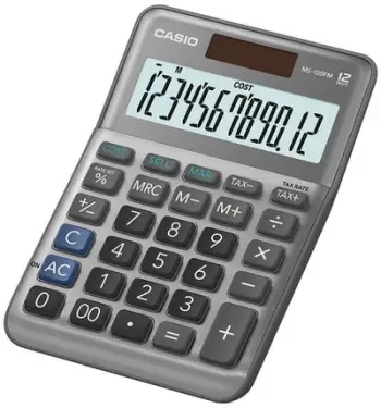 Kalkulator tavoline Casio MS-120FM, ekran 12 shifra, taste për taksa, gri