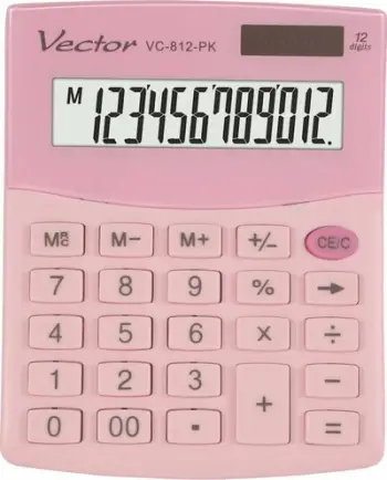 Kalkulator tavoline Vector Smart 3724 KAV VC-812 PK, ekran 12 shifror, energji solare dhe bateri, rozë