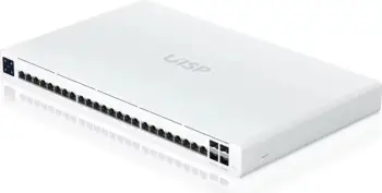Switch rrjeti UISP Switch Pro, 24 porta GbE RJ45, 16 PoE 27V, 4 porta SFP+, 220W, i bardhë