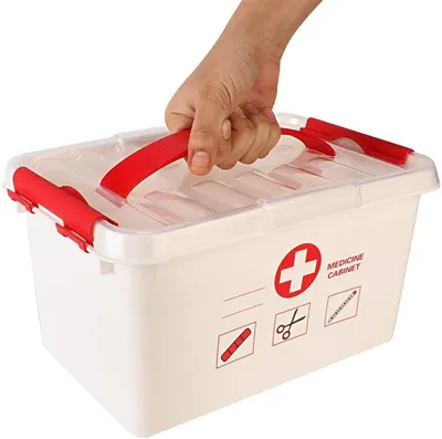 Kuti plastike për ndihmën e parë, e bardhë me detaje të kuqe. UNIMIKS - 2