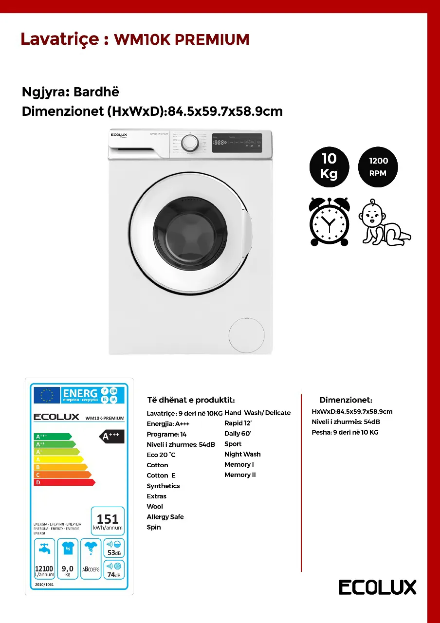 Lavatriçe 10KG Ecolux – WM10K PREMIUM - 2