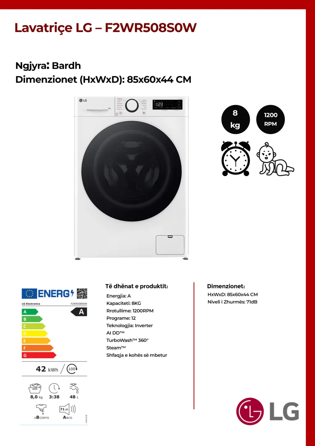 Lavatriçe 8KG LG – F2WR508S0W - 2