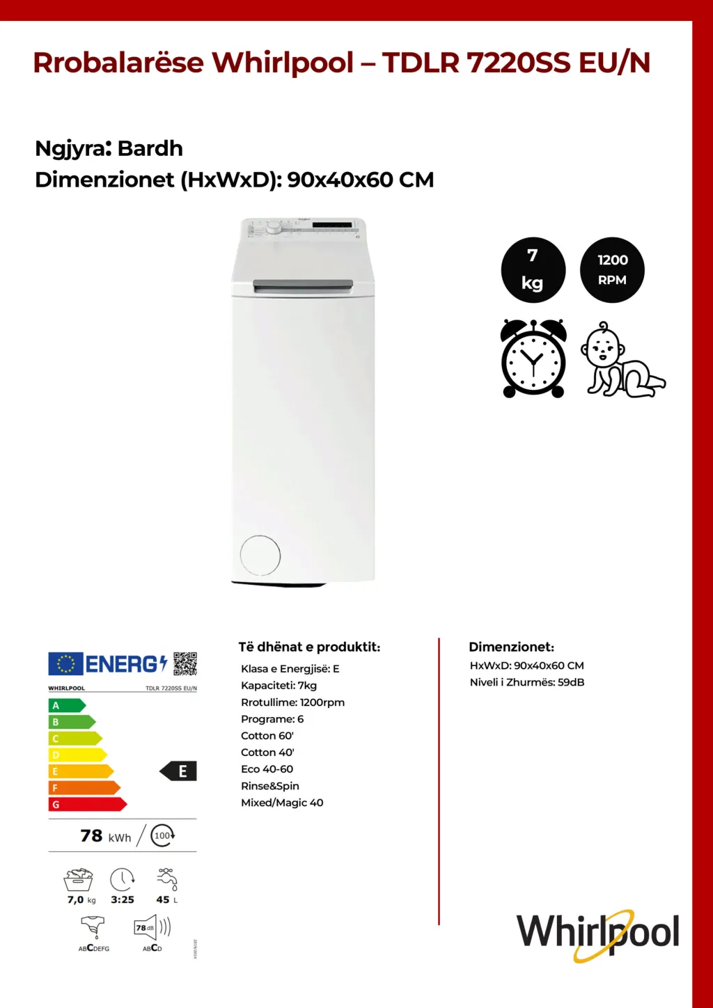 Rrobalarëse Whirlpool 7KG – TDLR 7220SS EU/N - 2
