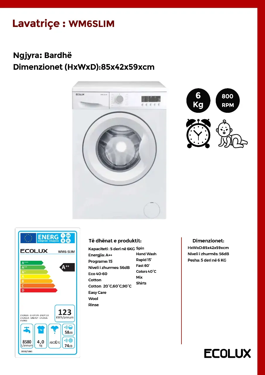 Lavatriçe A++ 6KG Super Slim – Ecolux – WM6Slim - 2